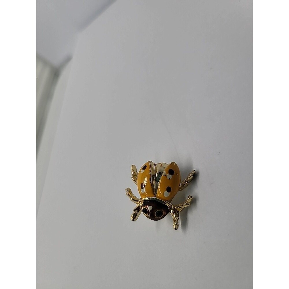 Vintage Yellow Enamel Ladybug Brooch Gold Tone Green Black Rhinestone Insect Pin